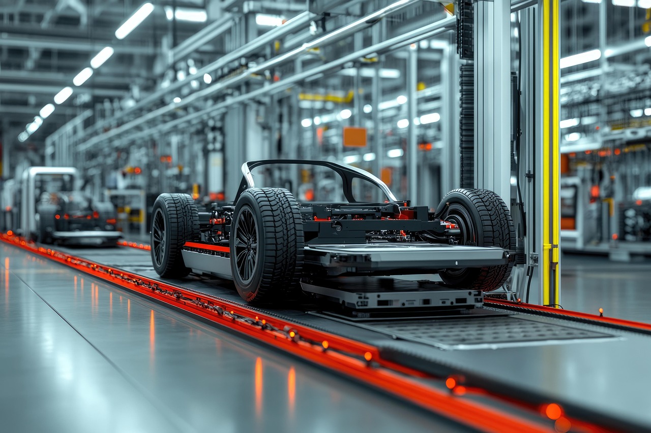 ai generated  electric  vehicle  chassis  assembly  line  automotive  manufacturing  car  frame  production  factory  process  industry  auto  engineering  conveyor  technology  innovation  transport  modern  vehicle-frame  equipment  production-line