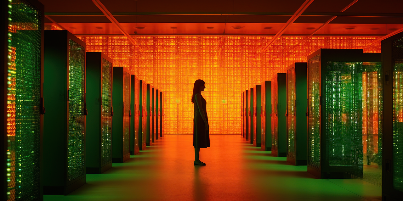 ai generated linked data data center futuristic data glowing servers woman silhouette data centre data processing artificial intelligence cyberpunk industrial dystopian data center data center data center data center data center data