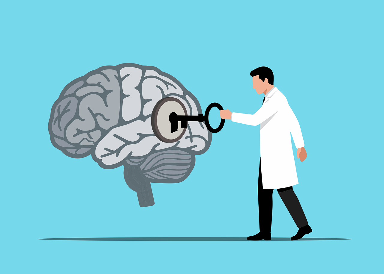 mental health psychology neuroscience brain key unlock discovery medical research scientist innovation therapy knowledge intelligence mind healthcare potential solution cartoon book health cognition