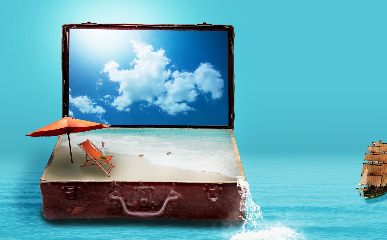 fantasy nature to travel travel vacations suitcase sea beach luggage dreams holiday plans travel plans surreal imagination image montage