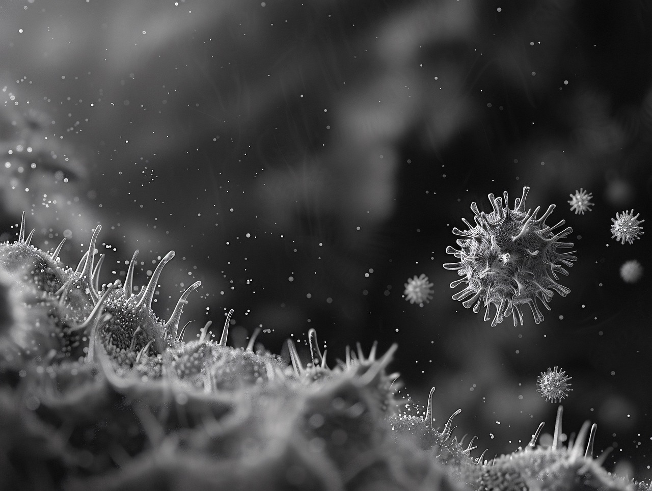 virus electron microscope cell microscopic docking human cell protein spikes icosahedral capsid glycoproteins lipid bilayer receptors fusion monochromatic scientific biology virology nanotechnology intricate detailed molecular biochemistry infection micrograph ai generated